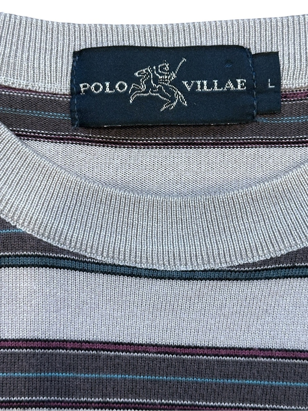 Polo Villae Retro Variegated Striped Crew Neck Long Sleeve Top Grey Multi Large - Picture 3 of 4